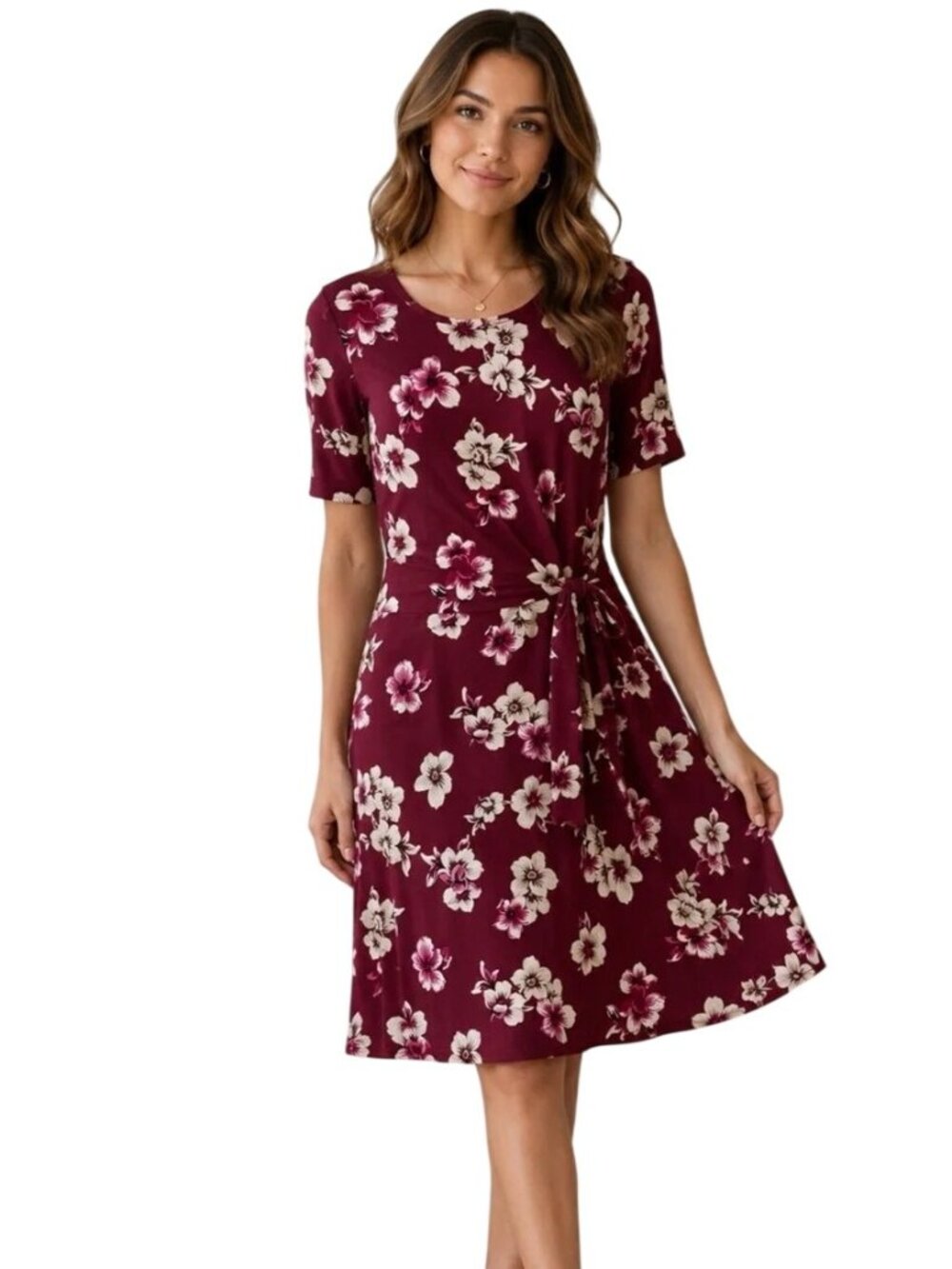 Ann Taylor Factory Floral Dress Small Petite Short Sleeve Tie Waist Burgundy Red